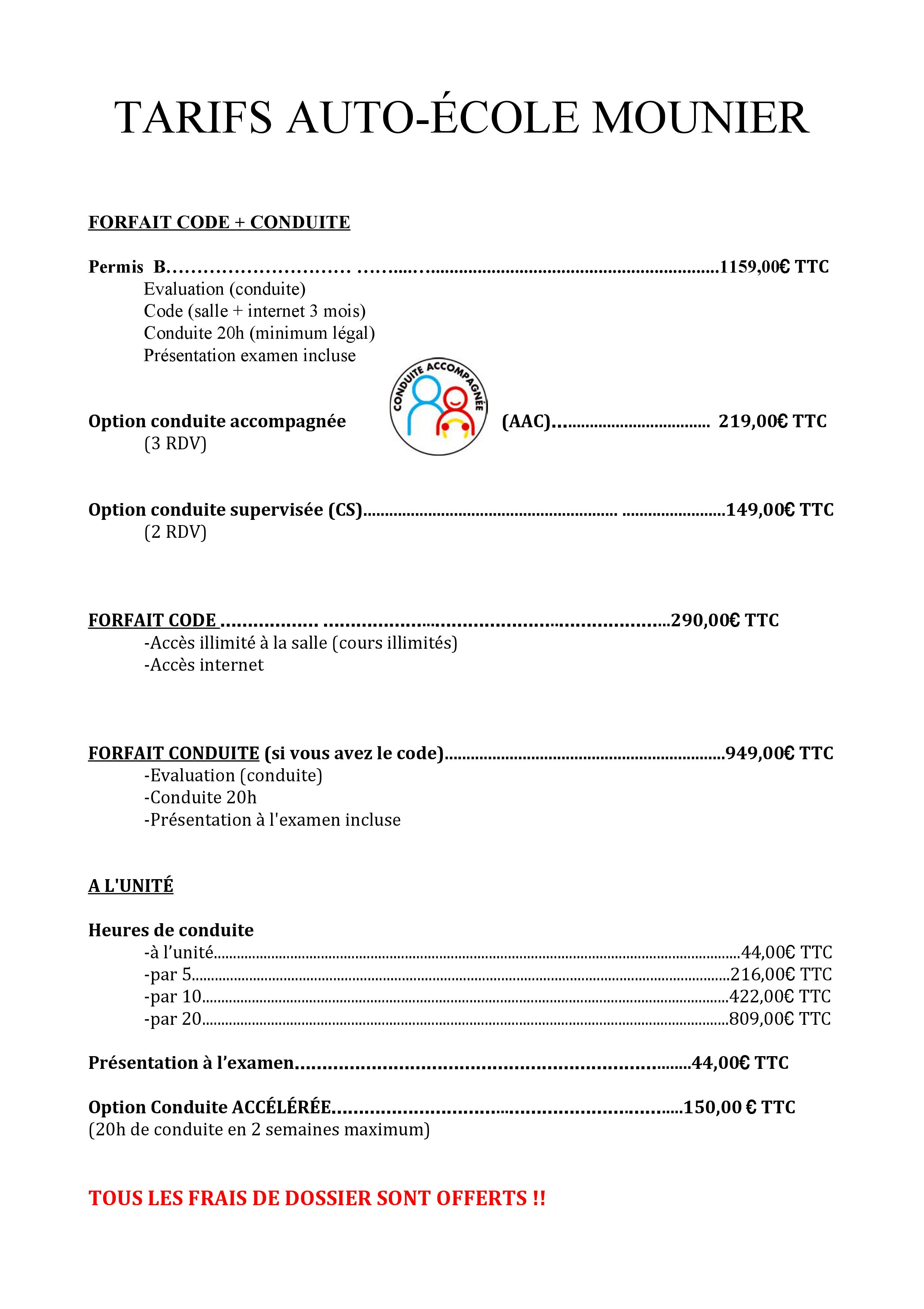 Tarifs AUTO ECOLE MOUNIER